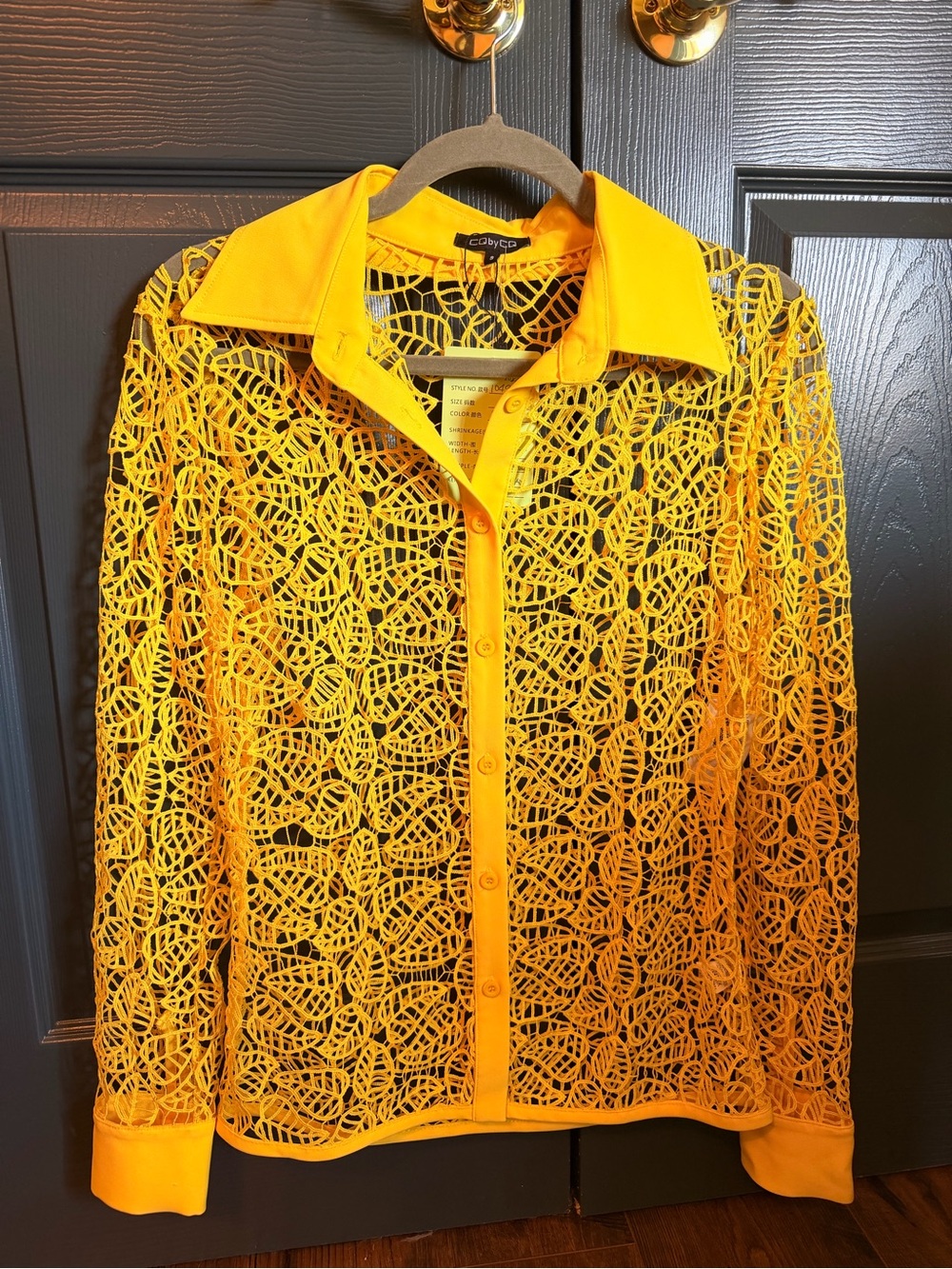 Bright Yellow Lace Button-Down Shirt with Contrast Collar